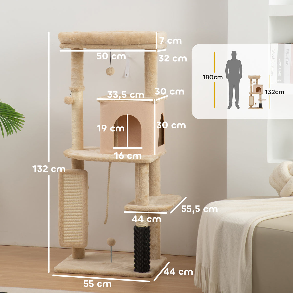 Arbre à chat, tour de jeux, hauteur de 132 cm, avec lit, maison, brosse de toilettage,  55 x 44 x 132 cm, beige-2