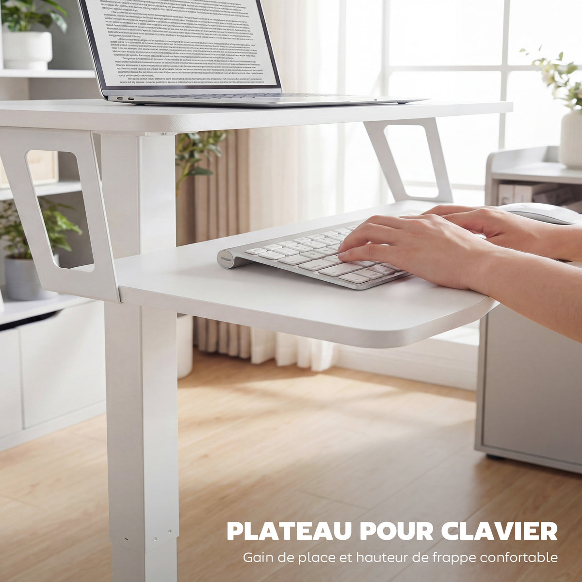 Bureau Assis-Debout Réglable en Hauteur, Bureau Mobile avec Plateau pour Clavier, Roulettes et Cadre en Acier, Blanc-4