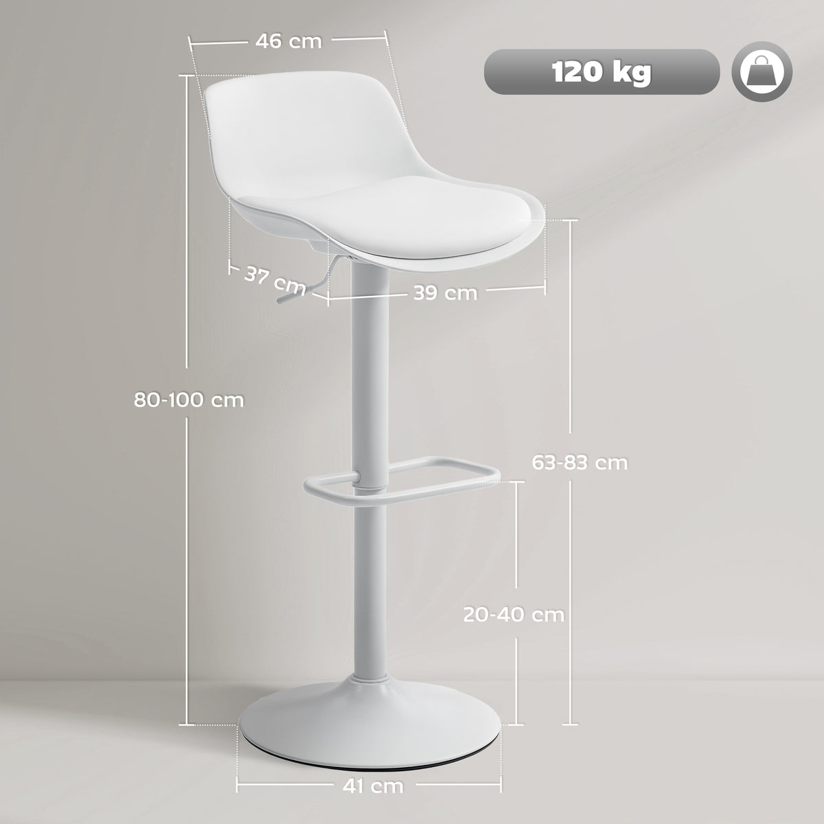 Lot de 2 tabourets de bar, tabourets hauts cuisine avec siège pivotant et hauteur réglable, 43 x 45 x 100 cm, blanc-2