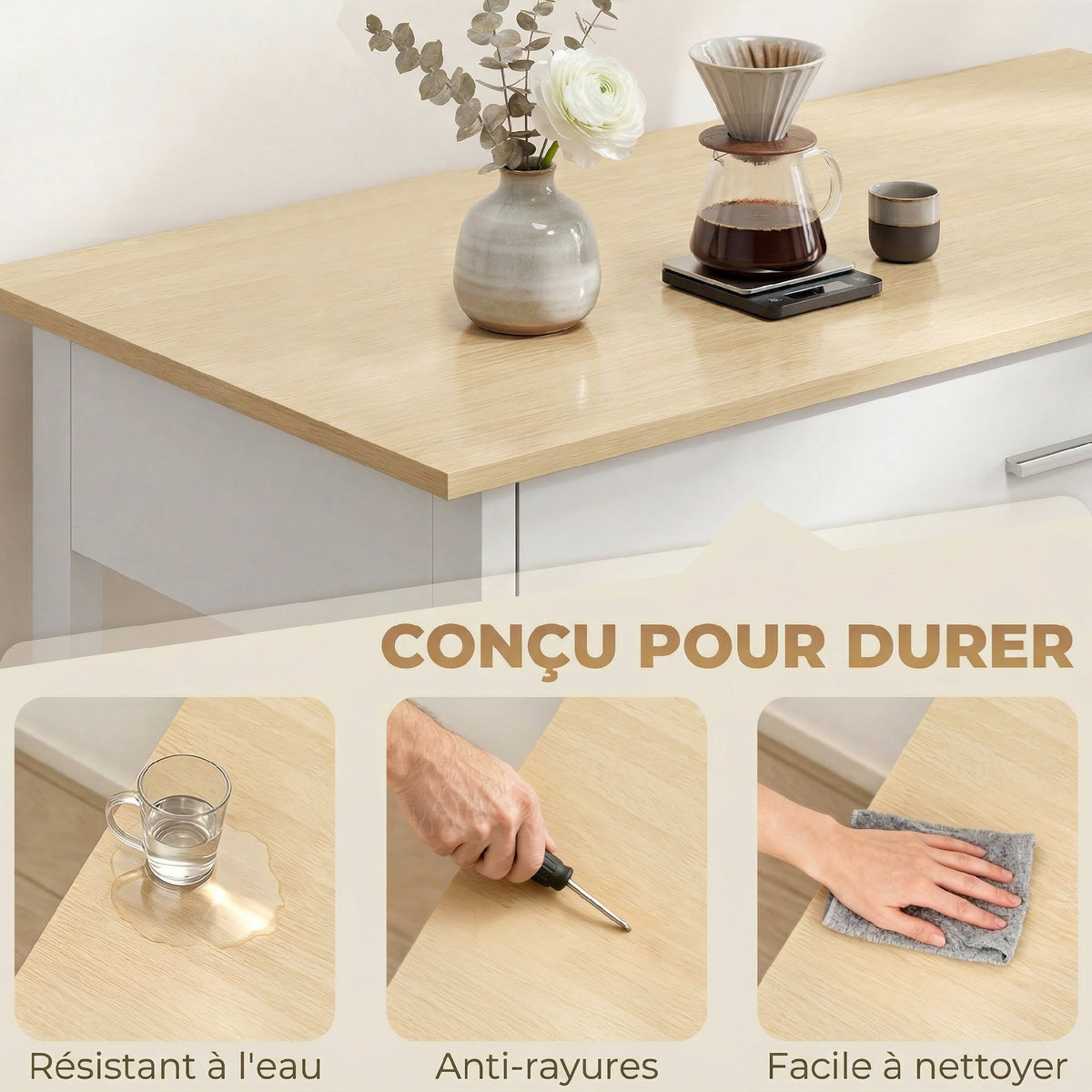 Desserte de cuisine à roulettes, îlot central cuisine avec plan de travail, tiroir, étagères, porte-serviettes, blanc-7