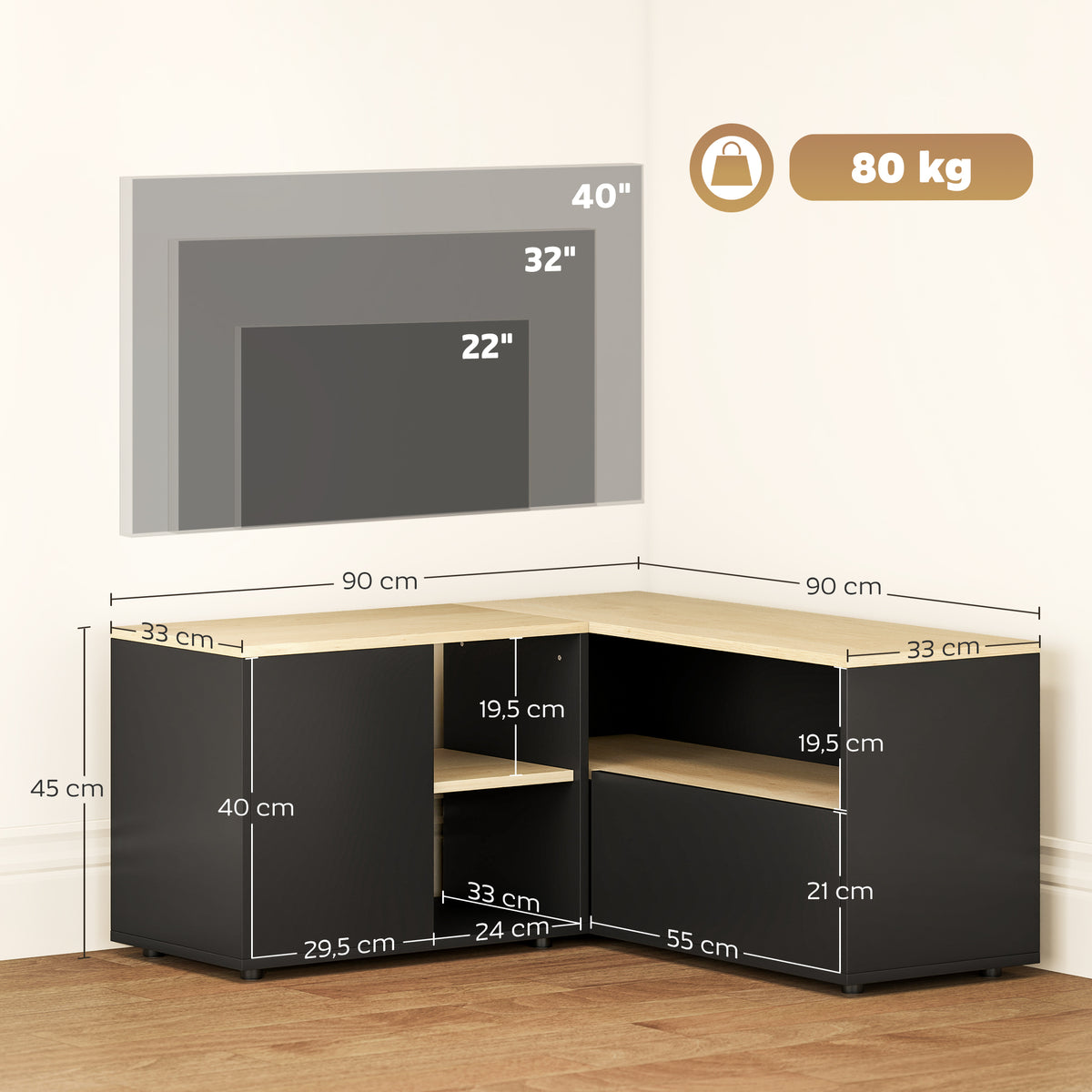 Meuble TV d'angle banc télévision jusqu'à 40 pouces avec 2 placards et 3 niches 90 x 90 x 45 cm chêne et noir-2