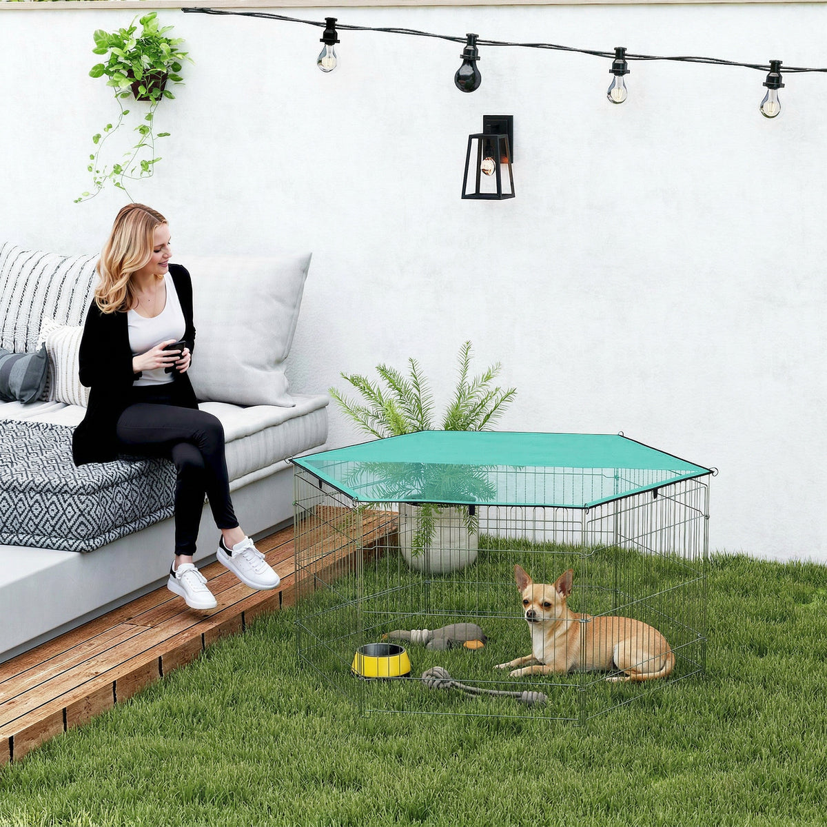 Parc pour chien, enclos chien 6 panneaux avec toit, modulable et pliable, enclos portable 60H cm avec porte, clôture pour chat, chiens de petit taille, intérieur et extérieur, argent, vert-1