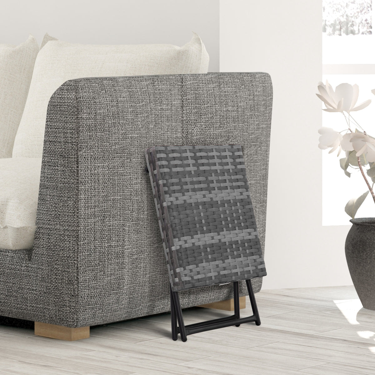 Table basse pliable de jardin style cosy chic dim. 40L x 40l x 40H cm métal époxy résine tressée imitation rotin gris-7
