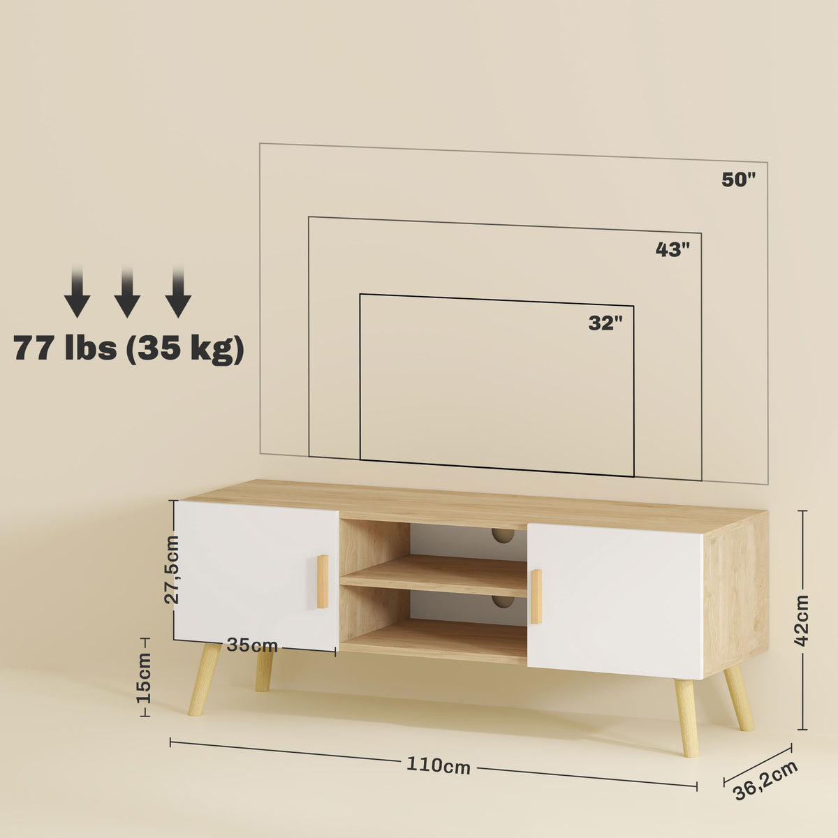 Meuble TV meuble télé bois banc TV jusqu'à 50 pouces avec étagères, 2 placards et passe-câbles, chêne-2