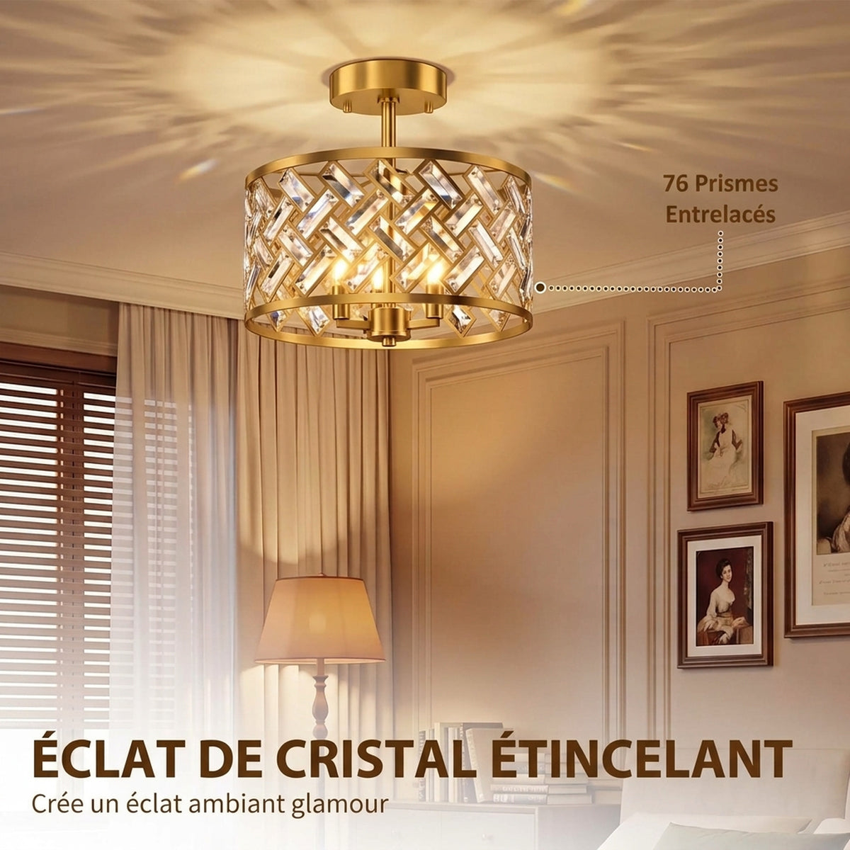 Plafonnier en Cristal Moderne Rond, Lustre Plafonnier avec Abat-jour, 3 Ampoules E14, Ø 39 x 34 cm, Doré-3