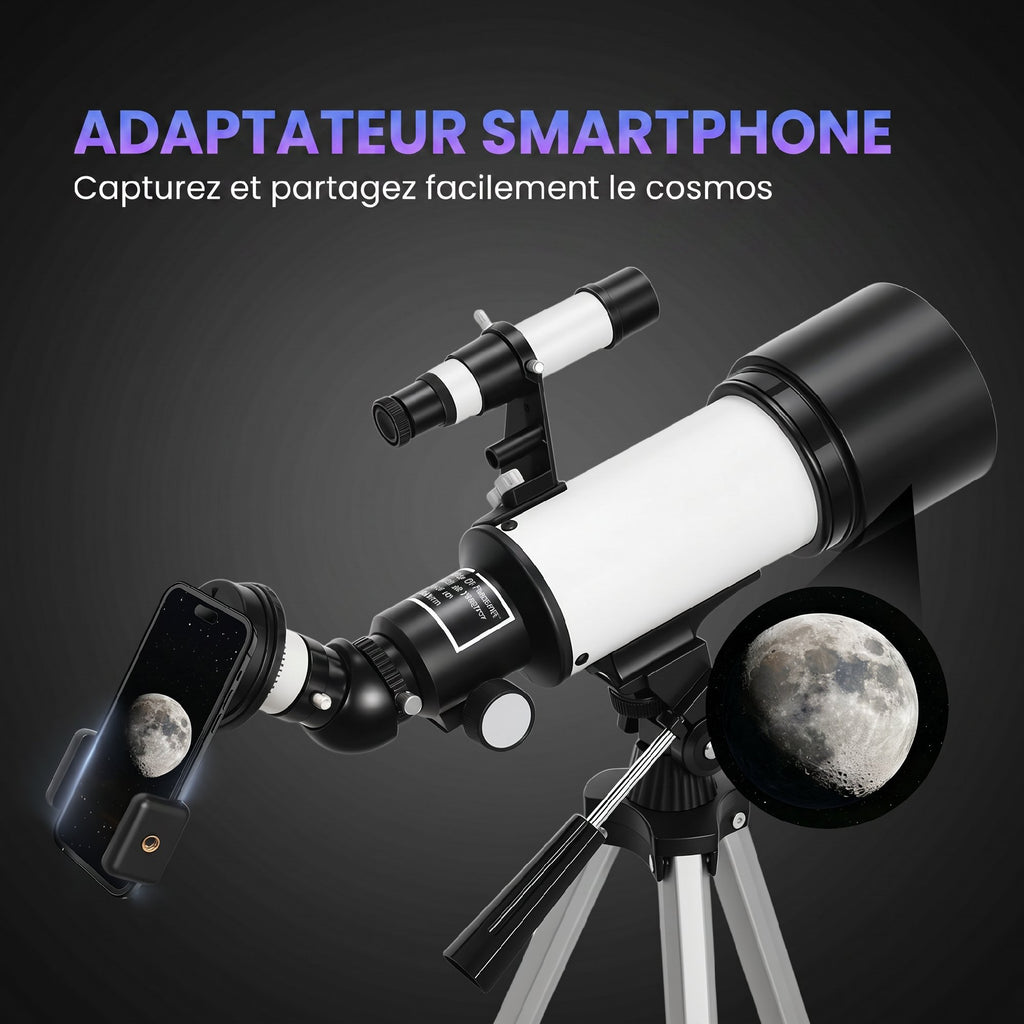 Télescope Astronomique pour Adultes et Débutants 70 mm, 2 Oculaire 40X/16X, Trépied Réglable, 80 x 80 x 135 cm, Blanc-5