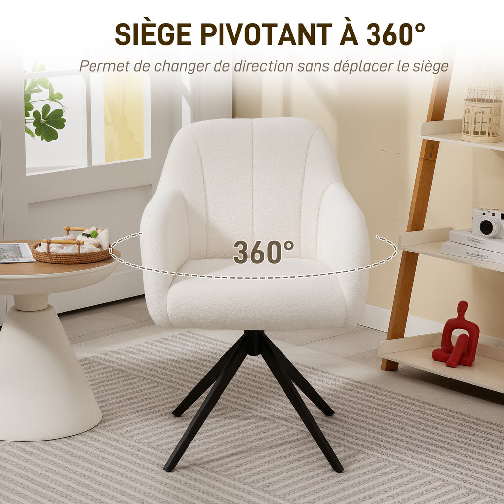 Fauteuil de salon pivotant capitonné grand confort piètement en acier et tissu effet polaire teddy blanc-4