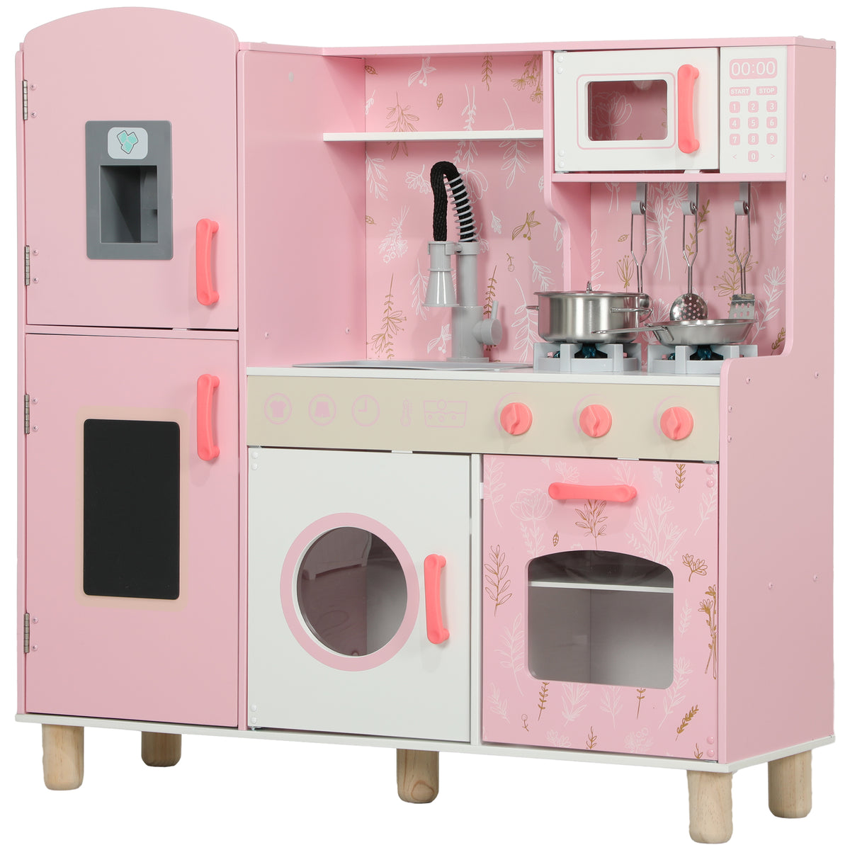 Cuisine Enfant avec Glaçons, Micro-ondes, Four, Plaque, Évier, Machine à Laver, Tableau, 90x 33,3x91,6cm, Rose-0