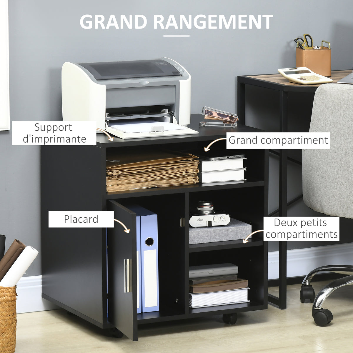 Support d'imprimante organiseur bureau caisson placard porte 3 niches + grand plateau panneaux particules noir-3