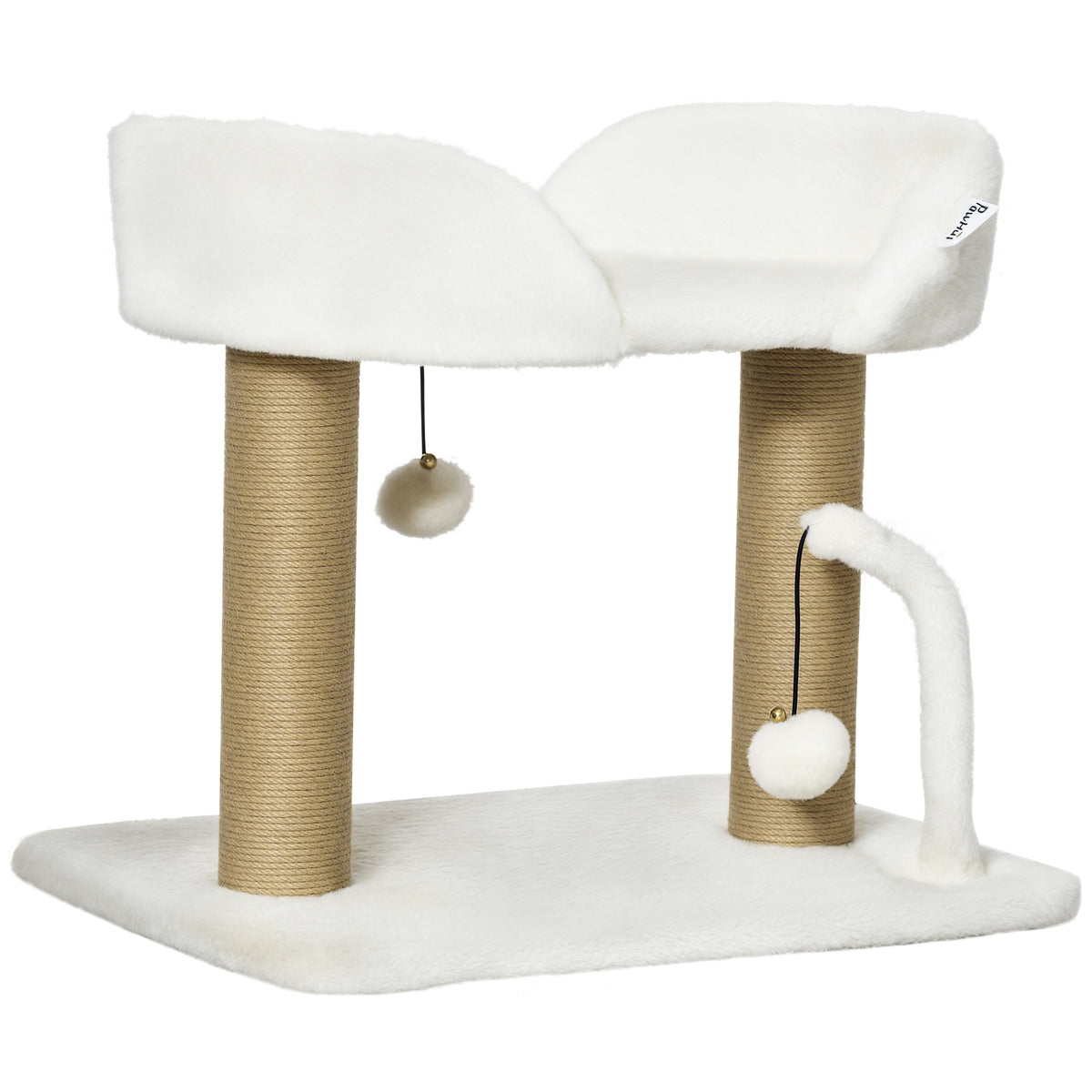 Arbre à chat grattoir design avec jeu 2 pompons suspendus 2 poteaux sisal plateforme peluche sisal 48 x 38 x 42 cm beige-0