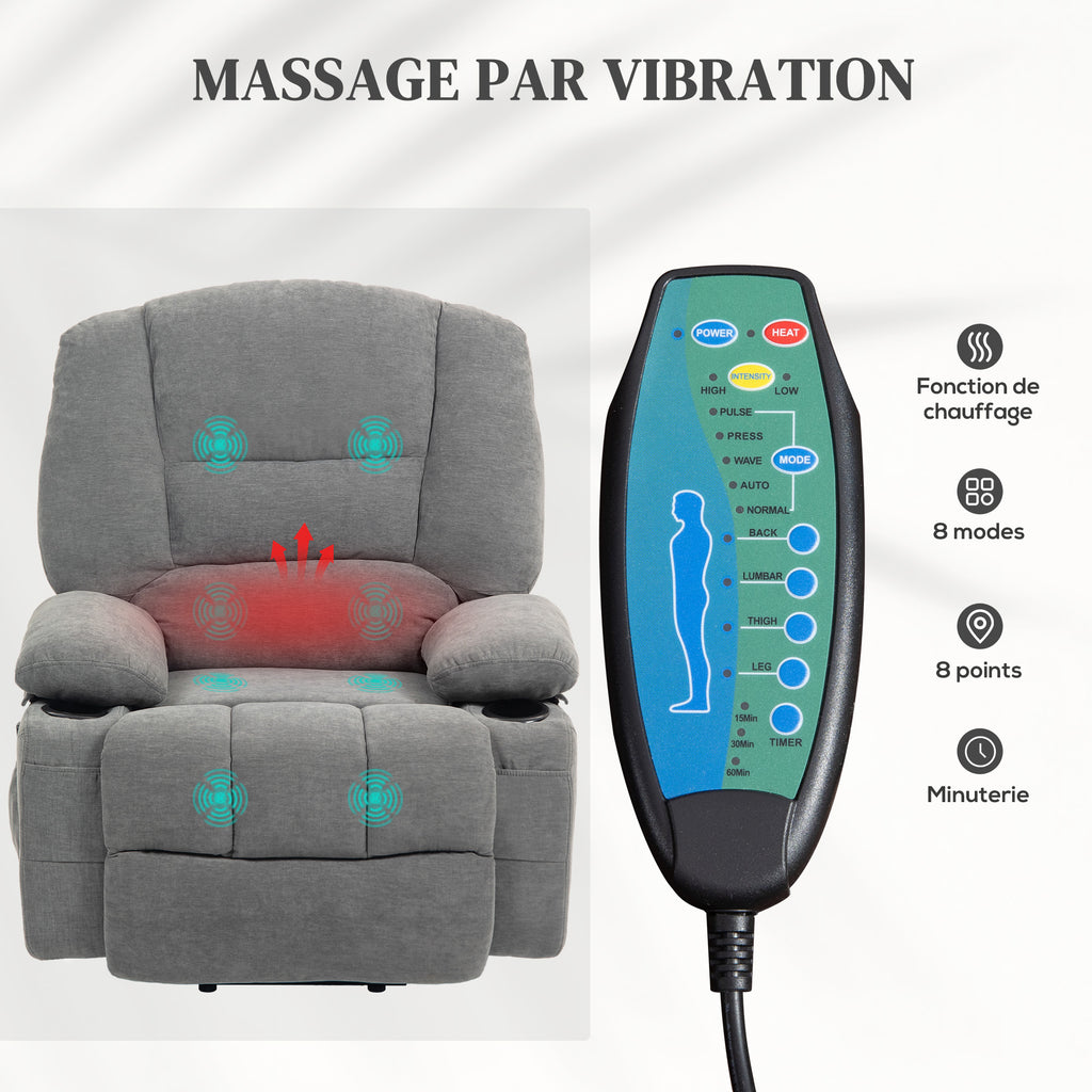 Fauteuil releveur relax électrique, fonction massage et chaleur, inclinaison réglable, repose-pied, télécommandes, gris-4