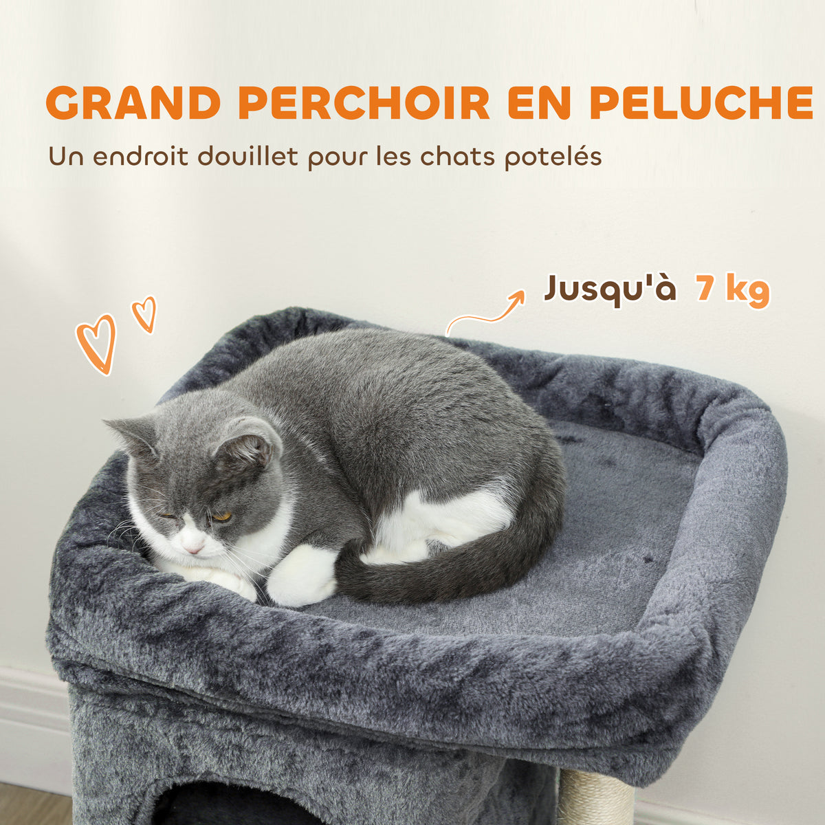 Arbre à chat, tour de jeux pour chat, plateforme, 2 niches et balle griffoirs en sisal, 45 x 40 x 66 cm, gris foncé-3