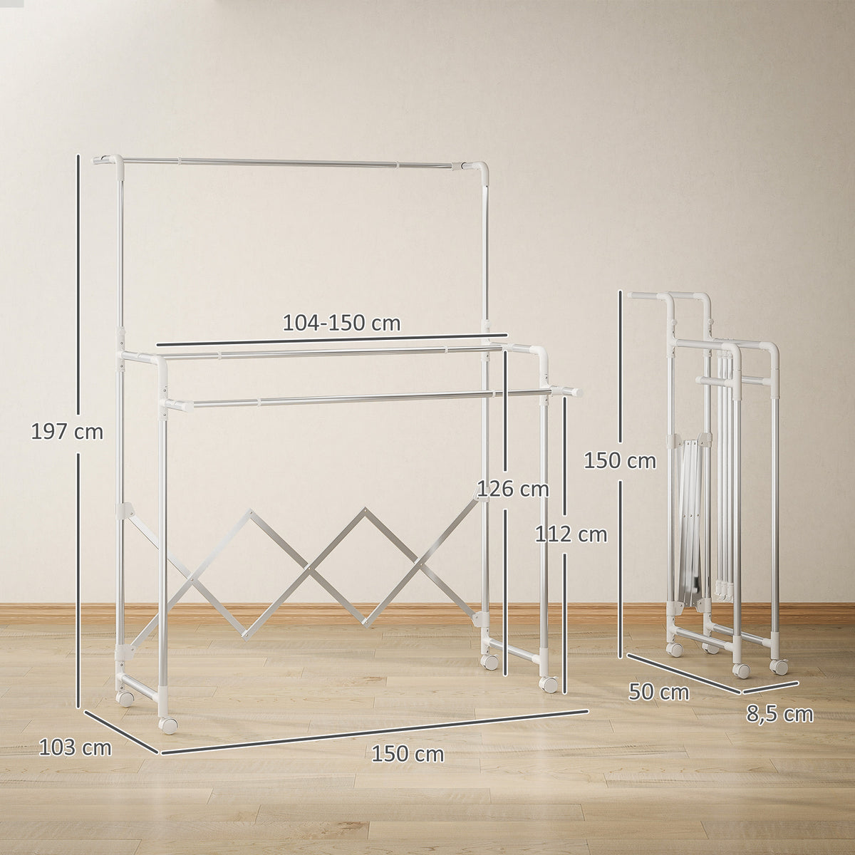 Séchoir à linge pliable étendoir linge intérieur à 3 barres réglables et 4 roulettes 104-150 x 103 x 145-197 cm argent-2