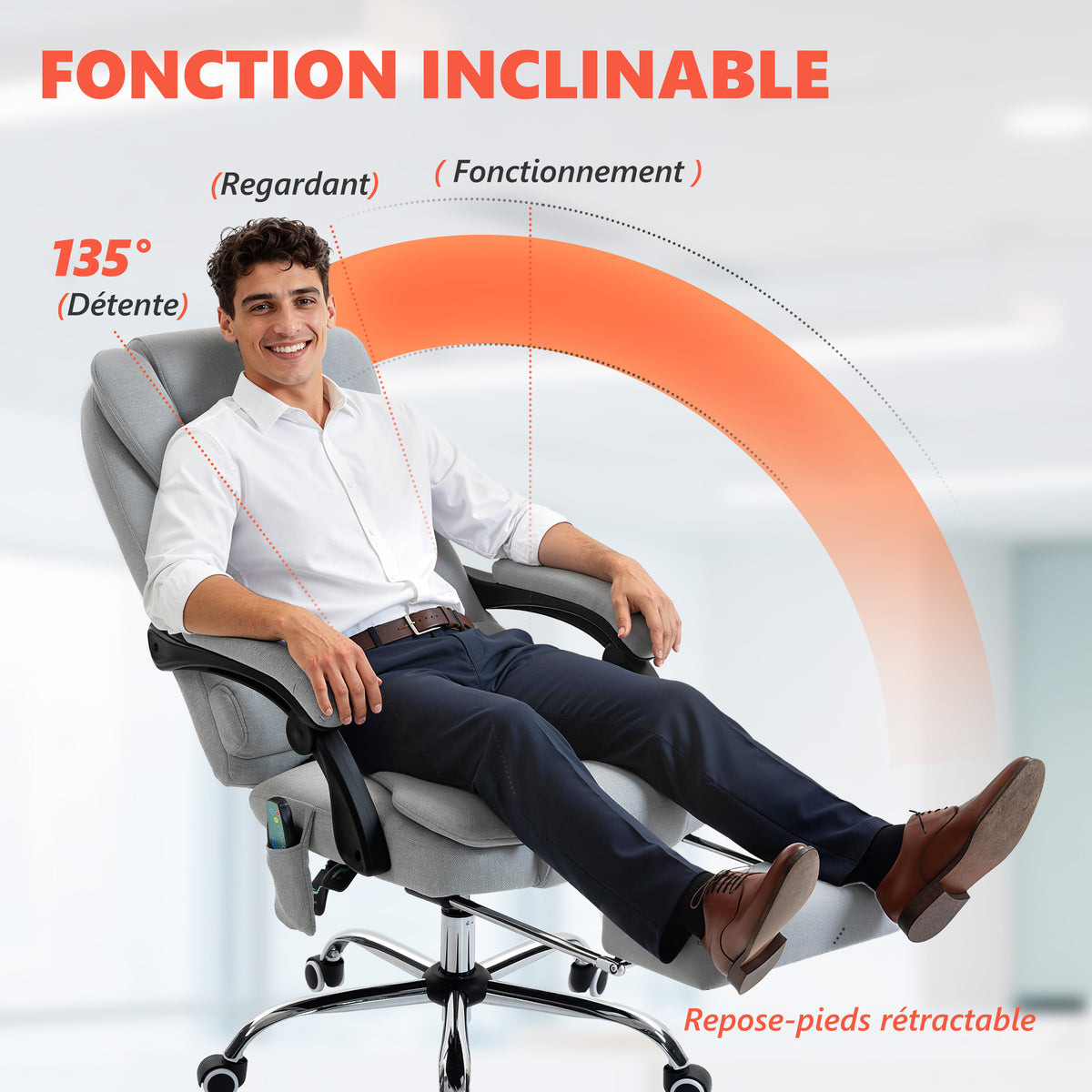 Fauteuil de bureau massant et chauffant, chaise de bureau, hauteur réglable, dossier inclinable, 65x70x111-119cm, gris-4