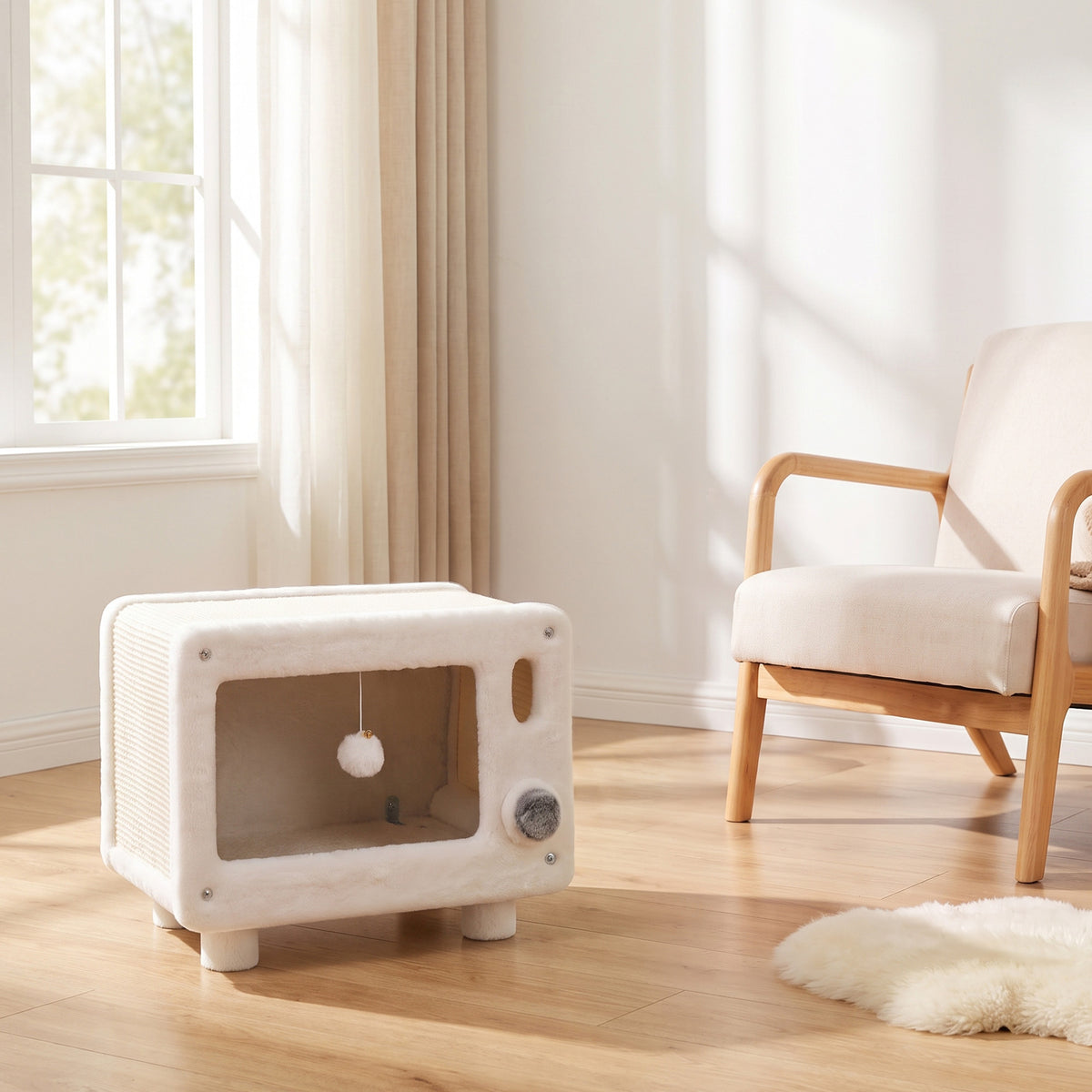 Maison pour Chat Niche pour Chat Intérieure en Forme de Télévision Tapis en Sisal et Balle Suspendue 50x33x42cm Blanc-1