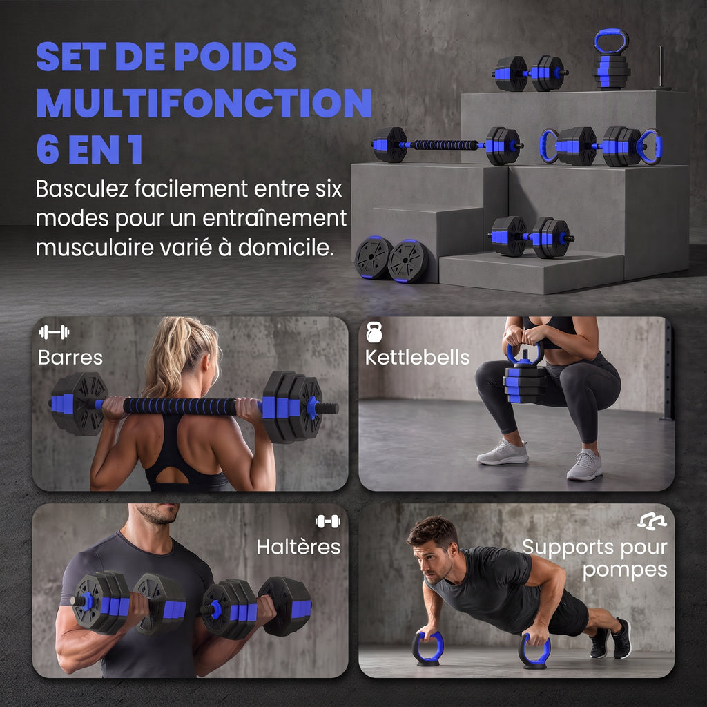 Ensemble d'haltères musculation 6-en-1 haltère réglable 25 kg kettlebell, barre de musculation support pour pompes bleu-3