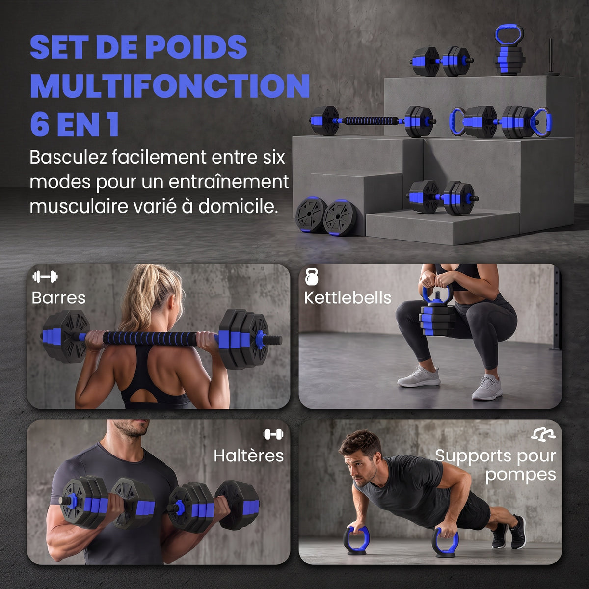 Ensemble d'haltères musculation 6-en-1 haltère réglable 25 kg kettlebell, barre de musculation support pour pompes bleu-3