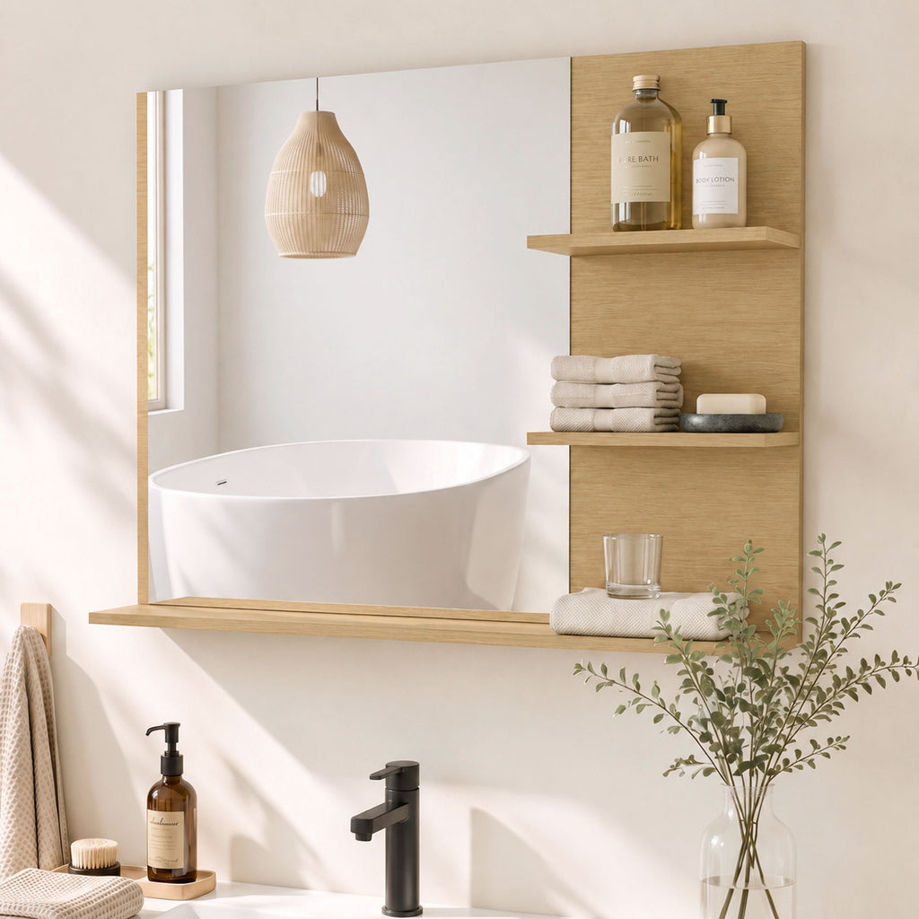 Miroir Salle de Bain avec 3 Étagères 60 x 48 cm, Miroir Mural Modern pour chambre à coucher, bureau, Chêne-5