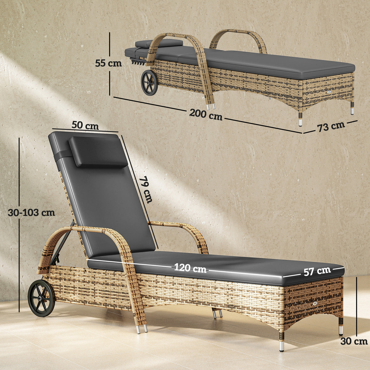 Transat bain de soleil matelas inclinaison réglable multipositions accoudoirs roulettes 200 x 73 x 30-103 cm jaune-2