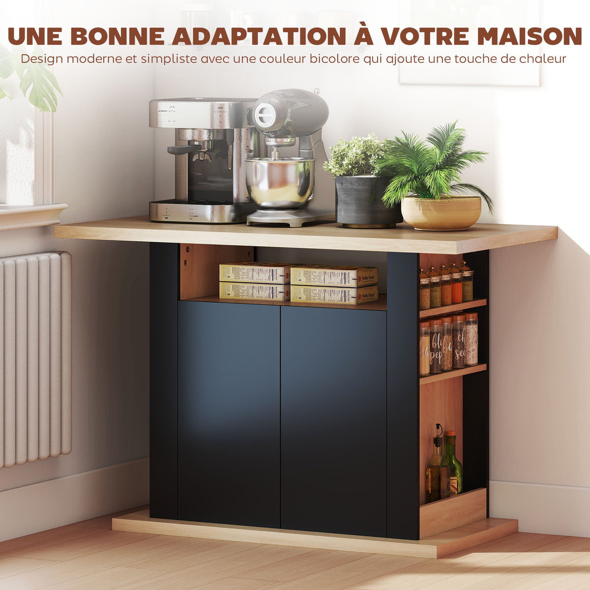 Table à manger ilot central cuisine avec grand plan de travail 4 personnes placard 4 portes 110 x 70 x 75,5 cm noir-3