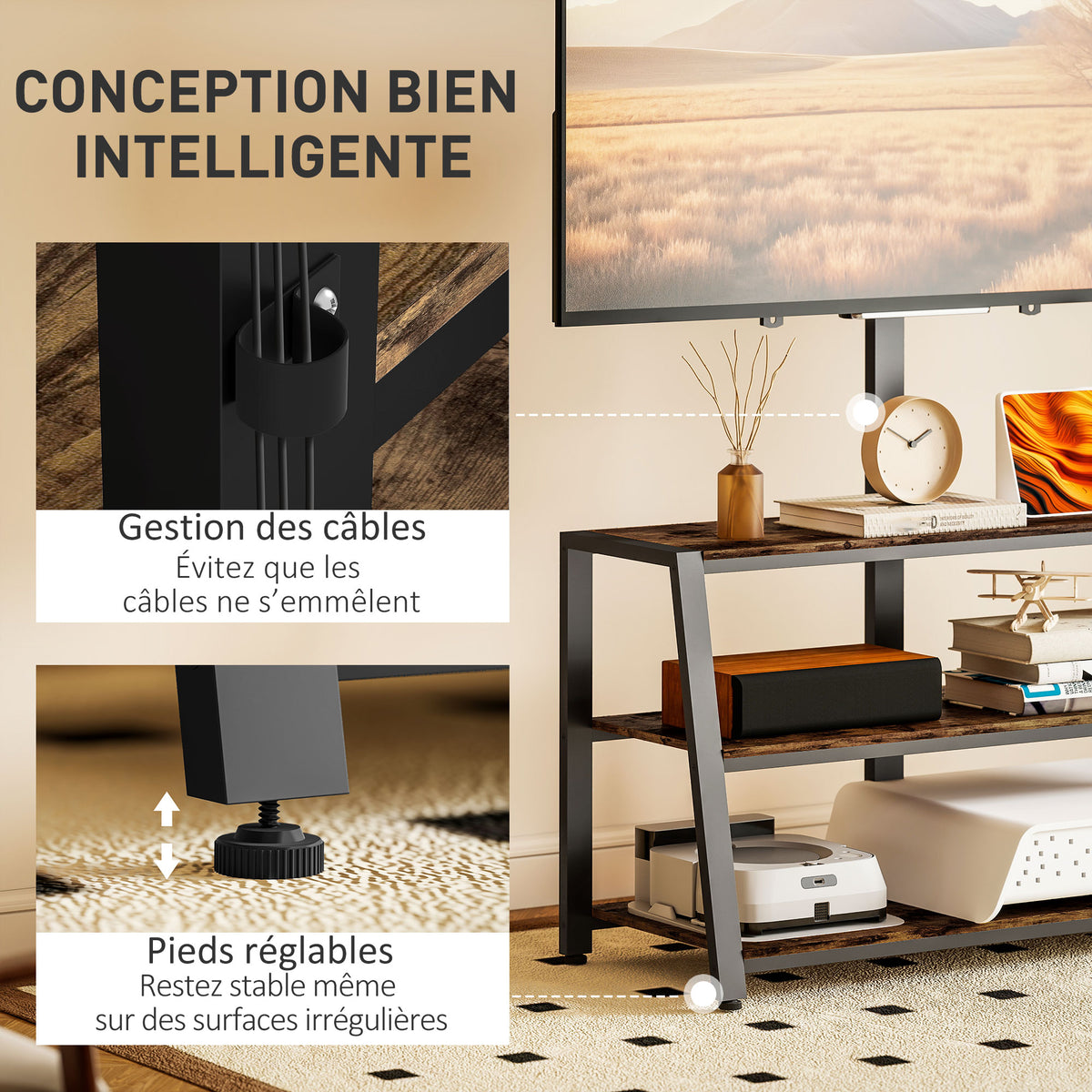 Meuble TV avec support pour téléviseurs de 32-70 pouces, étagères ouvertes, angle ajustable 35°, 108x41x135cm, marron-6