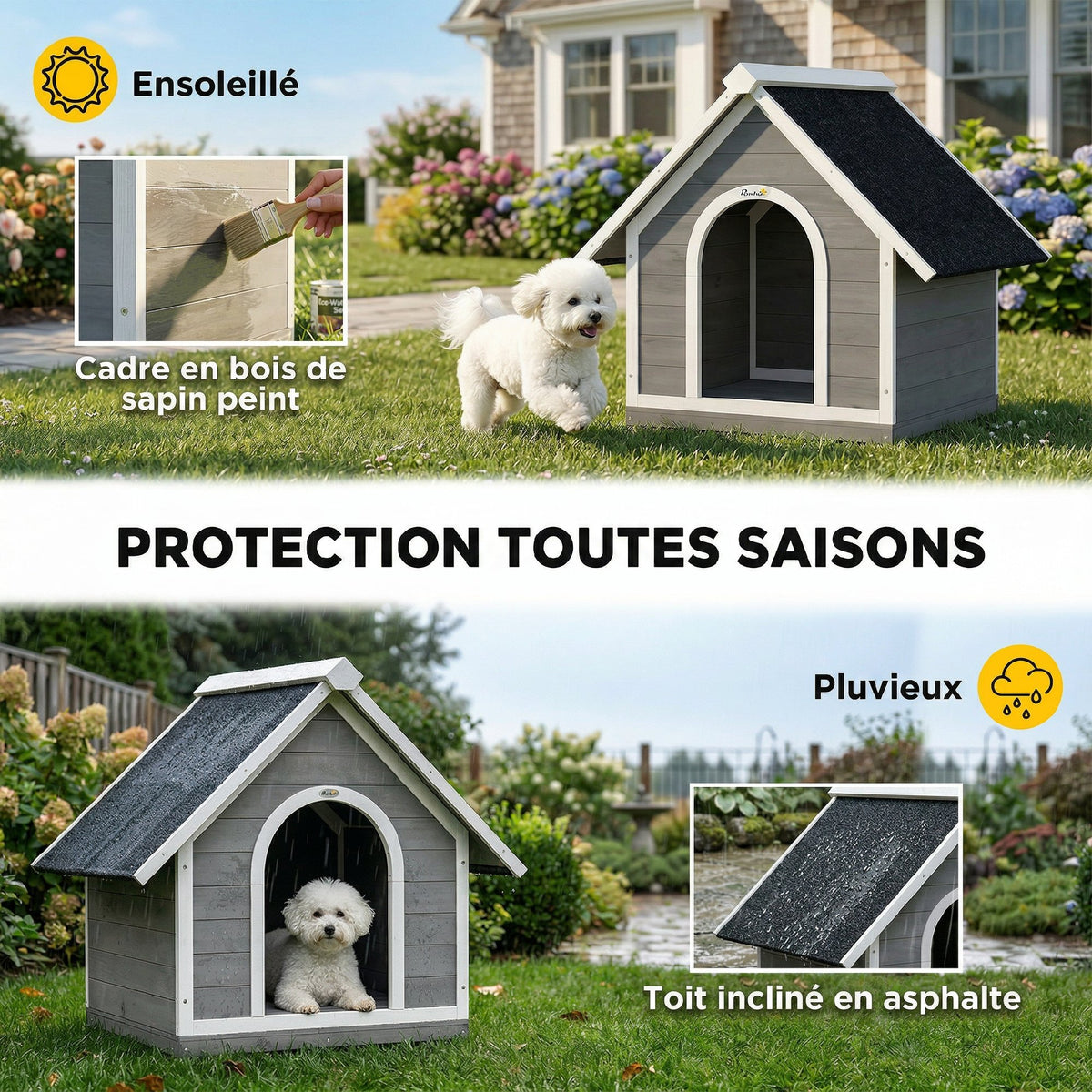 Niche pour Chien Extérieur Maison pour Chien Corps Entièrement Ouvrant pour Nettoyage Facile 84x101x86 cm Gris et Blanc-4