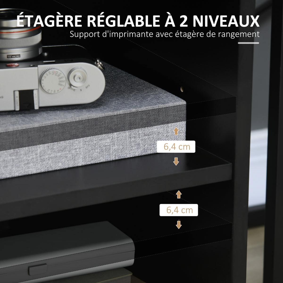 Support d'imprimante organiseur bureau caisson placard porte 3 niches + grand plateau panneaux particules noir-4
