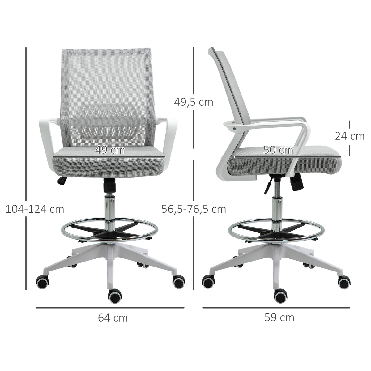 Lot de 2 fauteuils de bureau chaise de bureau assise haute réglable dim. 64L x 60l x 106-126H cm pivotant 360° maille-2