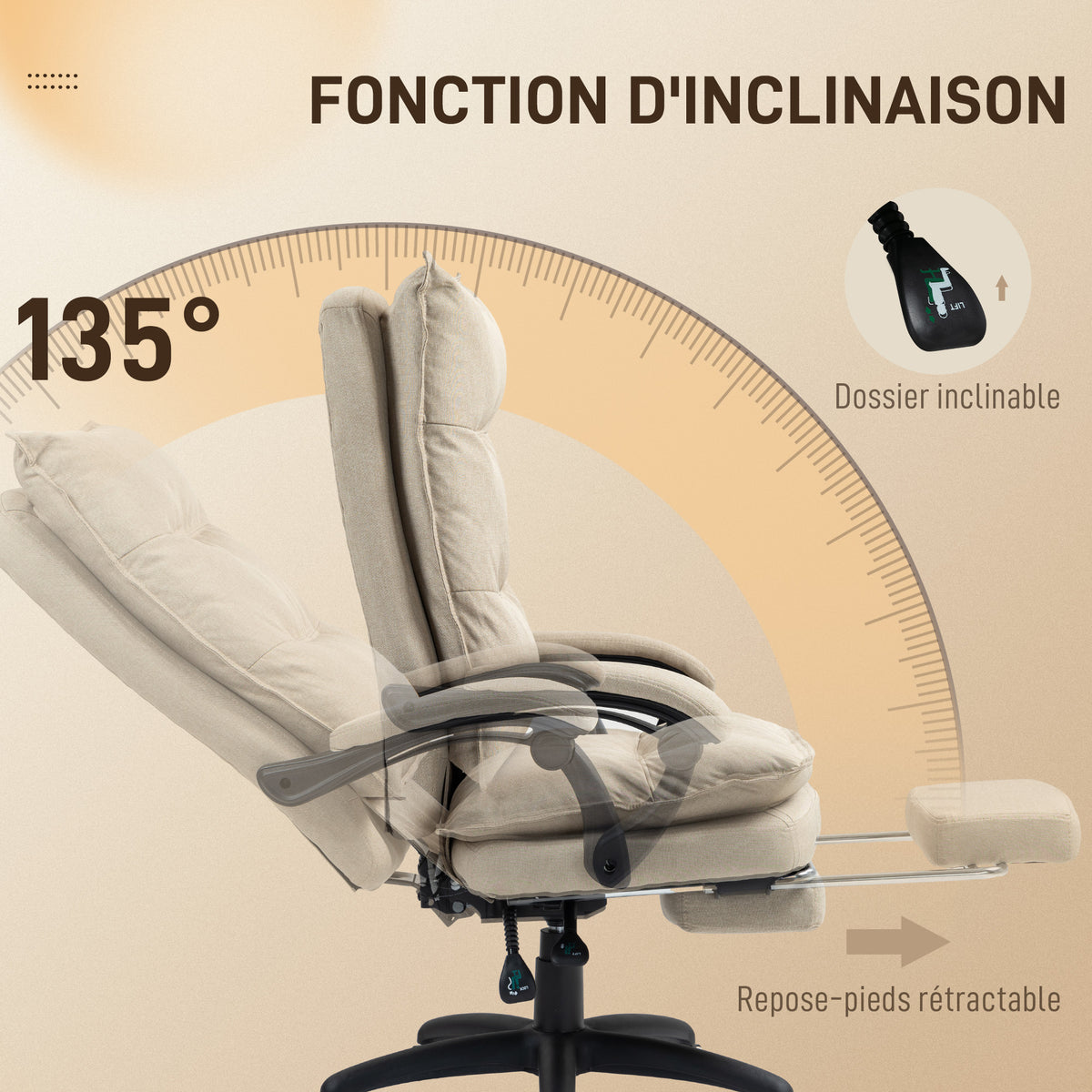 Fauteuil de bureau massant avec hauteur réglable, dossier inclinable, repose-pied intégré et télécommande filaire beige-5