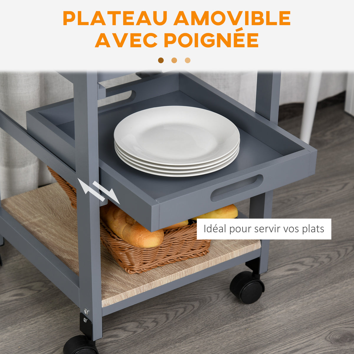 Chariot de service desserte de cuisine à roulettes panier + 2 plateaux amovibles, tiroir, étagère en bois chêne clair-4