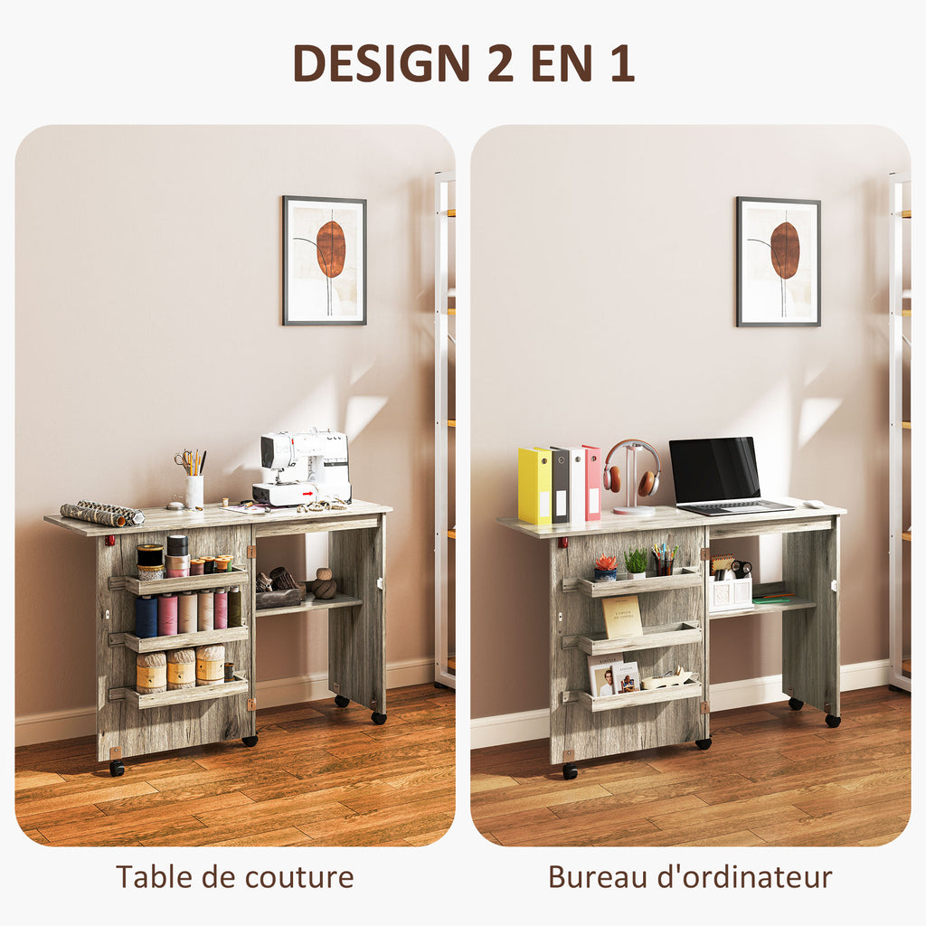 Table de couture pliante meuble couture à abattant avec bacs de rangement, étagère ouverte et roulettes effet bois grisé-5