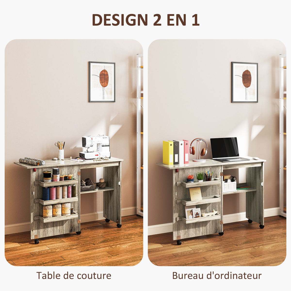Table de couture pliante meuble couture à abattant avec bacs de rangement, étagère ouverte et roulettes effet bois grisé-5
