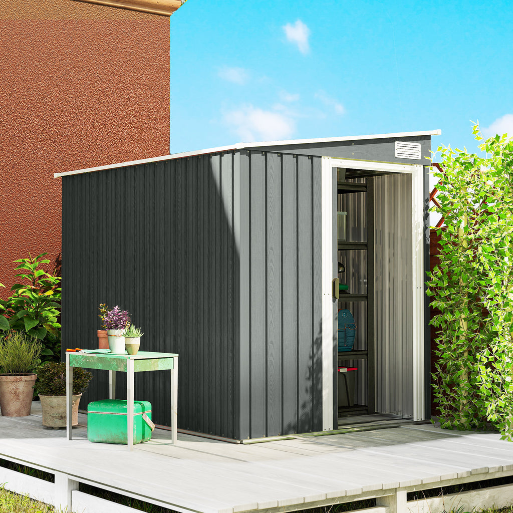 Abri de Jardin 2,81 m² avec Fondation, Abri à Outils Extérieur Adossé en Acier Galvanisé, 154x206,5x181cm, Gris Clair-1