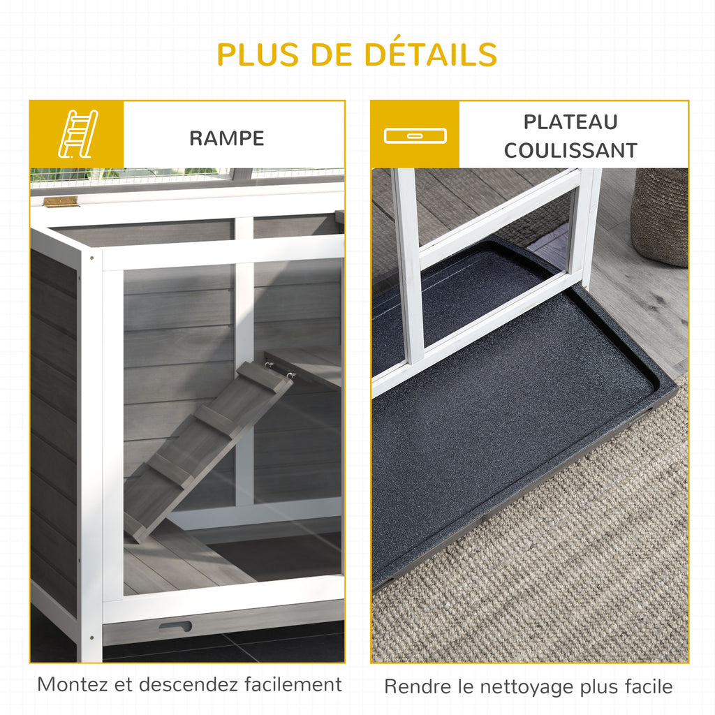 Cage à lapin clapier sur roulettes petit enclos animaux en bois massif 2 étages toit ouvrant plates-formes 91,5 x 53,3 x 73 cm gris-6