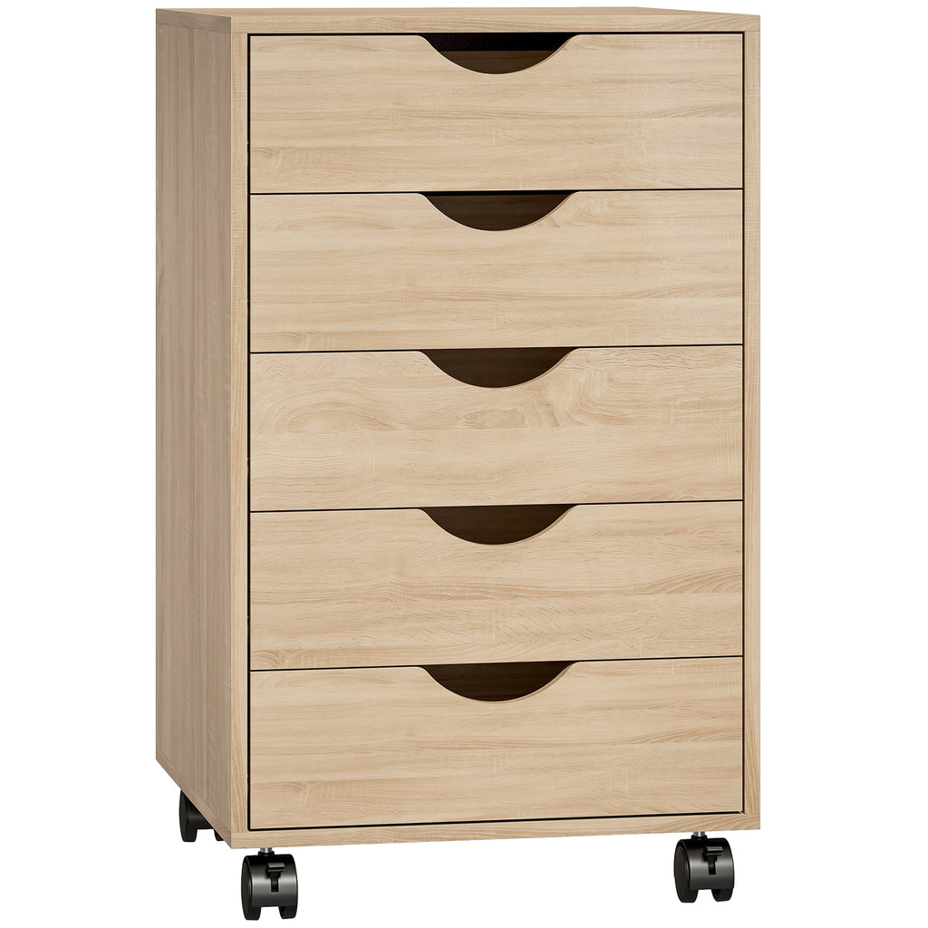 Caisson bureau mobile, meuble rangement sur roulettes avec 5 tiroirs, bois, 40 x 40 x 67 cm, chêne-0