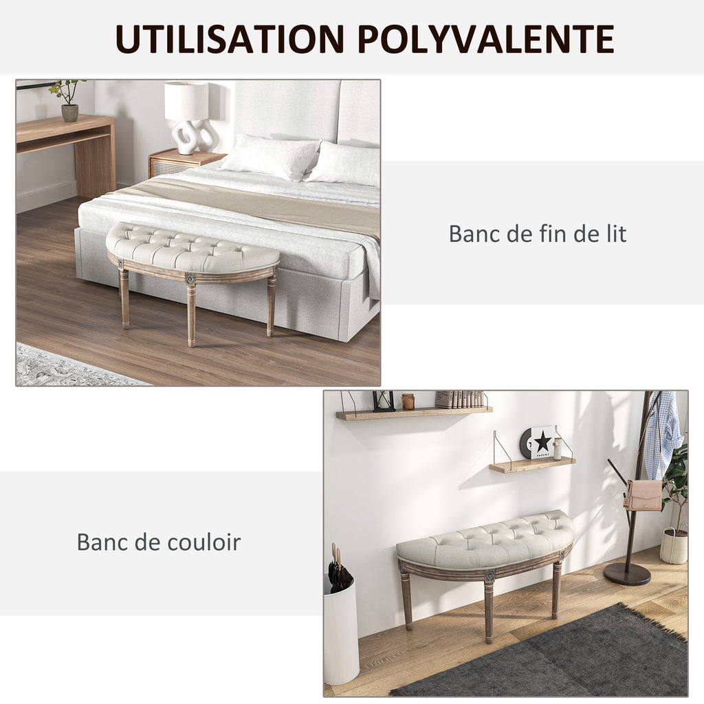 Banc bout de lit en forme demi-lune style Louis XVI structure en bois massif sculpté siège en tissu aspect lin crème-5