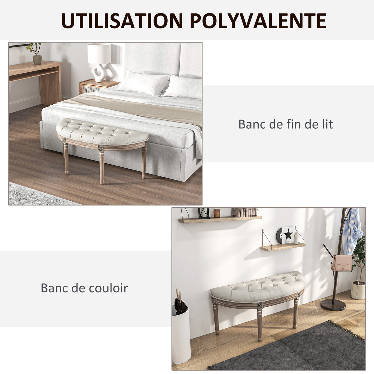 Banc bout de lit en forme demi-lune style Louis XVI structure en bois massif sculpté siège en tissu aspect lin crème-5