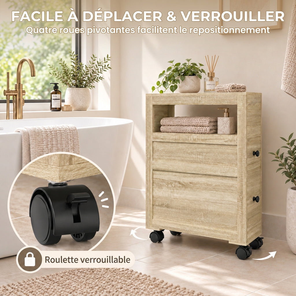 Meuble de rangement de salle de bain sur roulette armoire WC toilettes étagère ouverte 2 tiroirs 16 x 52 x 71,5 cm chêne-4