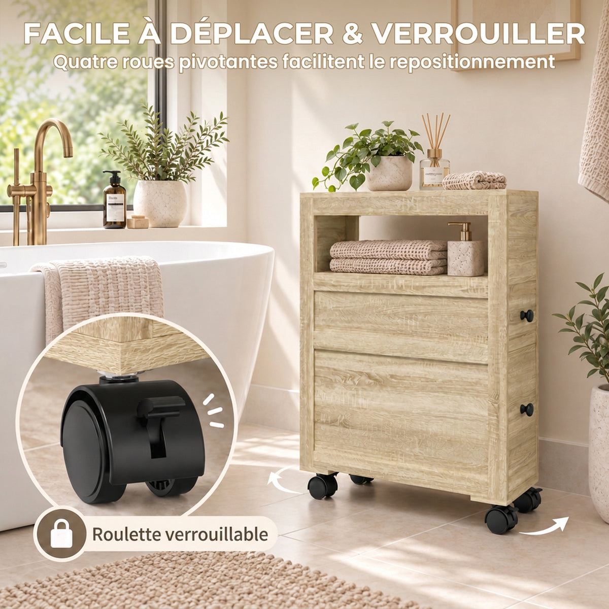 Meuble de rangement de salle de bain sur roulette armoire WC toilettes étagère ouverte 2 tiroirs 16 x 52 x 71,5 cm chêne-4
