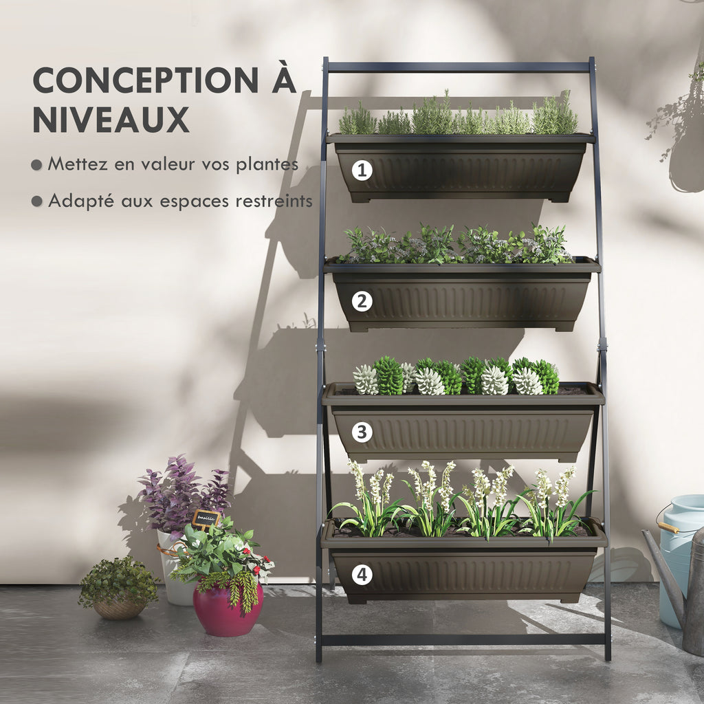 Étagère à Fleurs en Acier 4 Niveaux, Support de Plantes Vertical avec 4 Bacs et Trous de Drainage, 76x79x162cm, Marron-3
