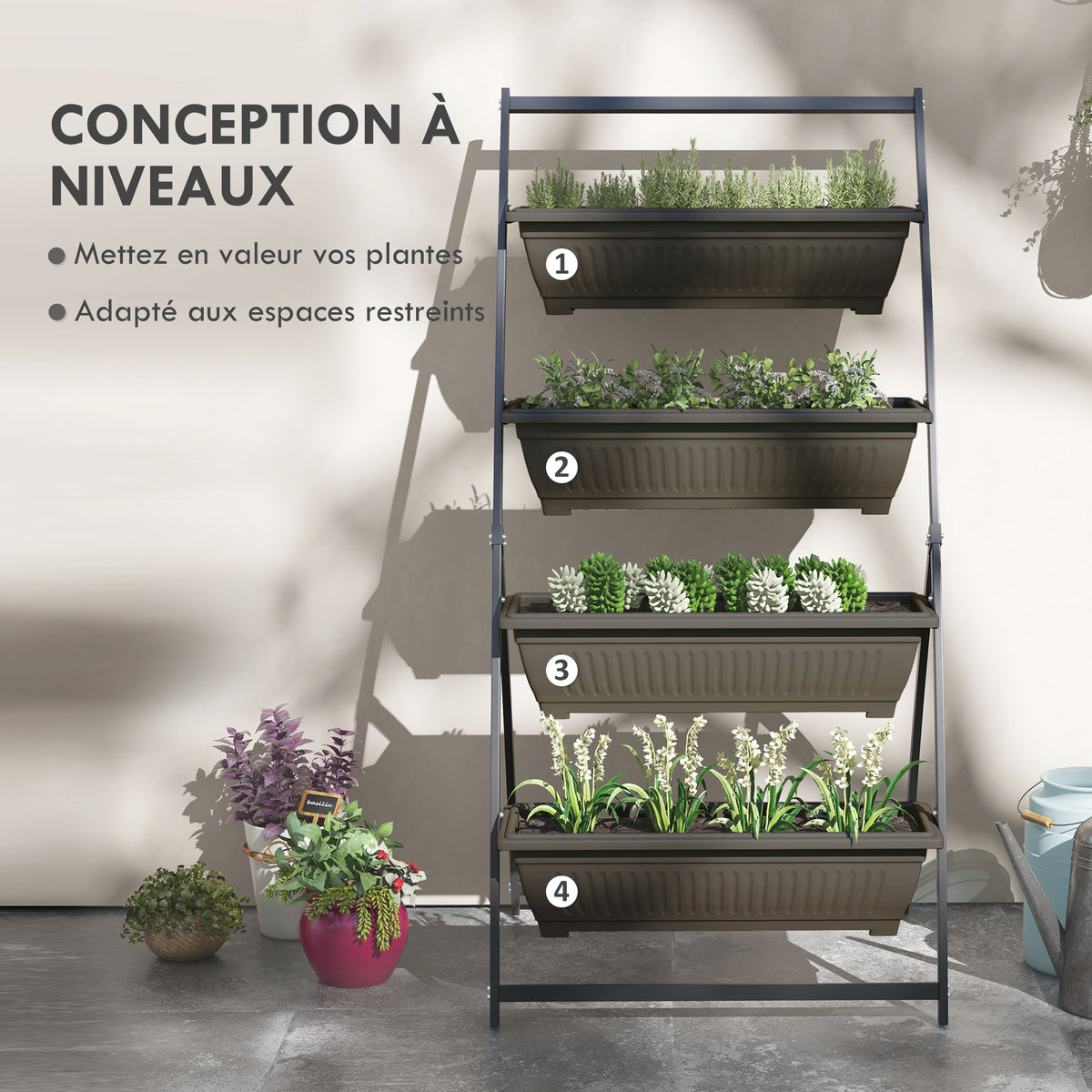 Étagère à Fleurs en Acier 4 Niveaux, Support de Plantes Vertical avec 4 Bacs et Trous de Drainage, 76x79x162cm, Marron-3