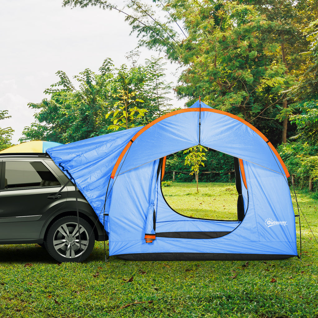 Tente de voiture pour SUV hayon 5-6 personnes avec 3 portes, fenêtre en maille, pour trekking, randonnée, bleu et orange-9