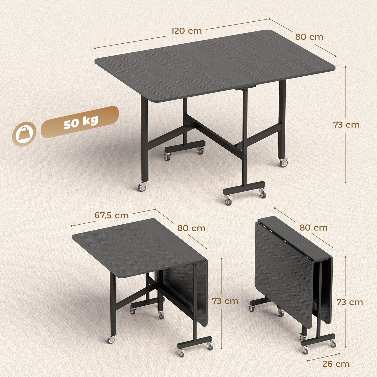 Table à Manger Pliante sur Roulettes pour 4-6 Personnes 120 cm, Roues avec Freins, 2 Abattants, Industriel, Noir-2