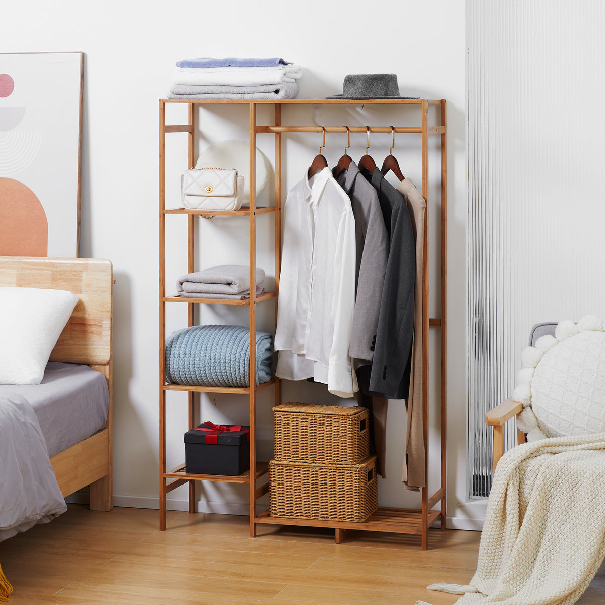 Portant à vêtements en bambou avec étagère de rangement à 6 niveaux et tringle de suspension, 90x30x145cm, bois naturel-1