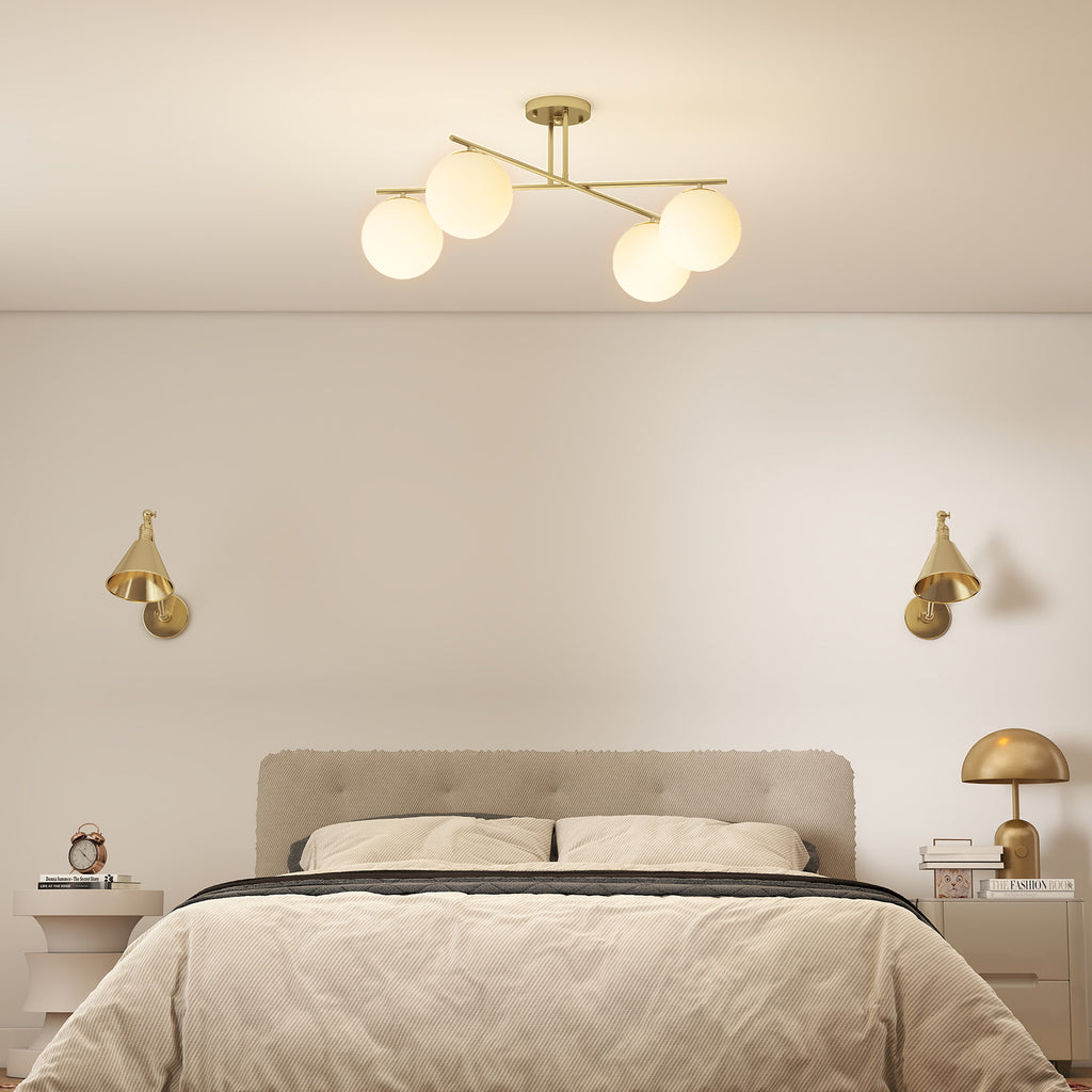 Plafonnier lustre moderne à 4 lumières avec culot E14, montage semi-affleurant, doré et crème-7