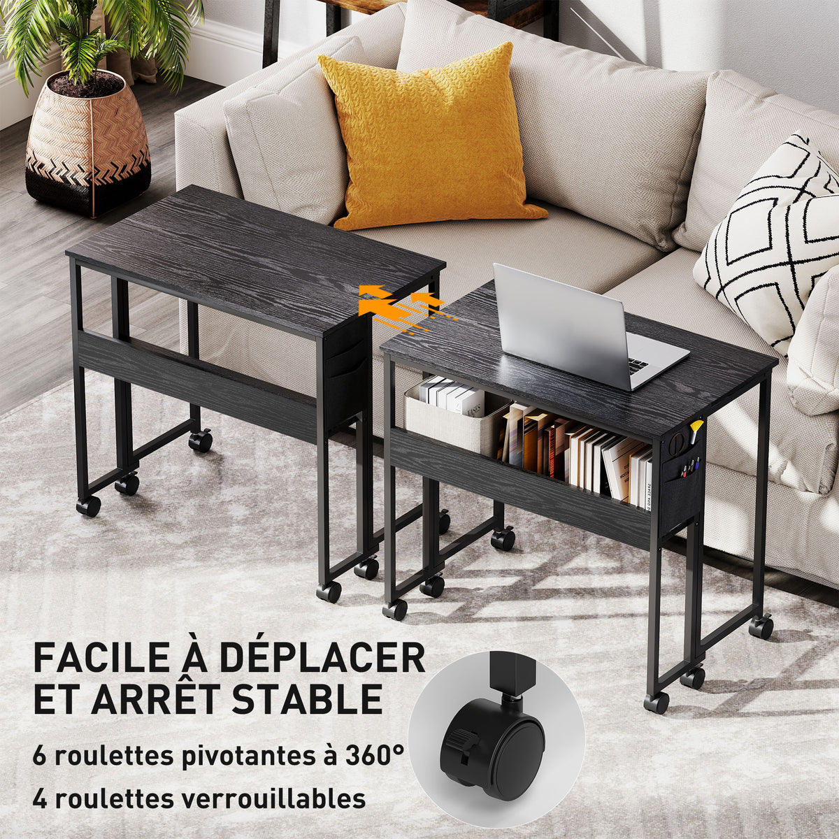 Bureau pliable sur roulettes 80 x 50 cm avec étagère et sac de rangement, noir-5