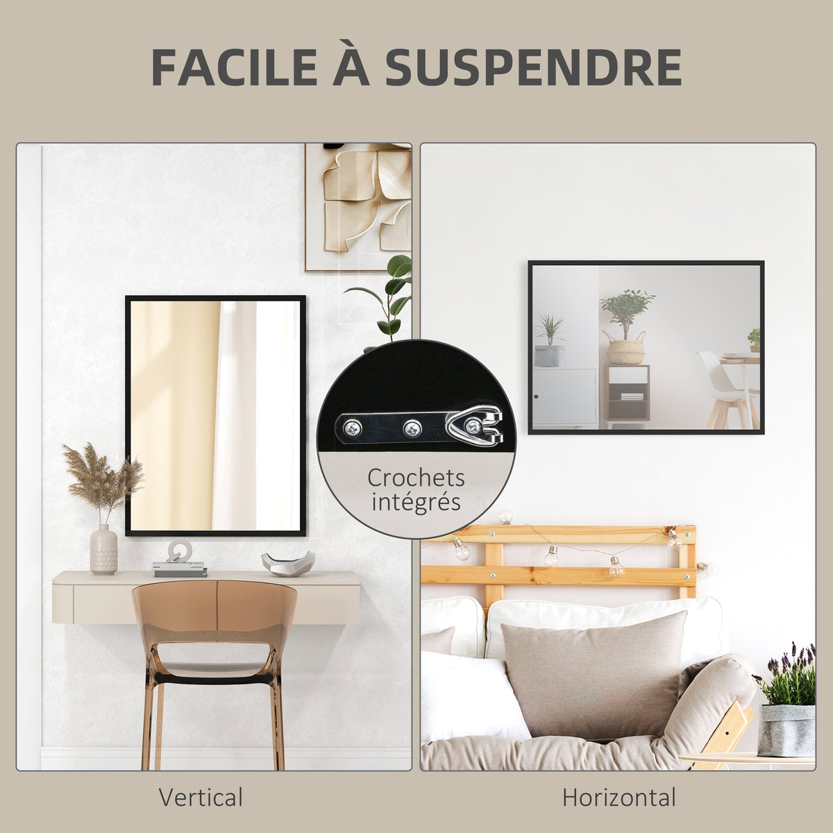 Miroir mural rectangulaire 80 x 60 cm, cadre en bois noir, idéal pour la salle de bain, salon ou chambre-4
