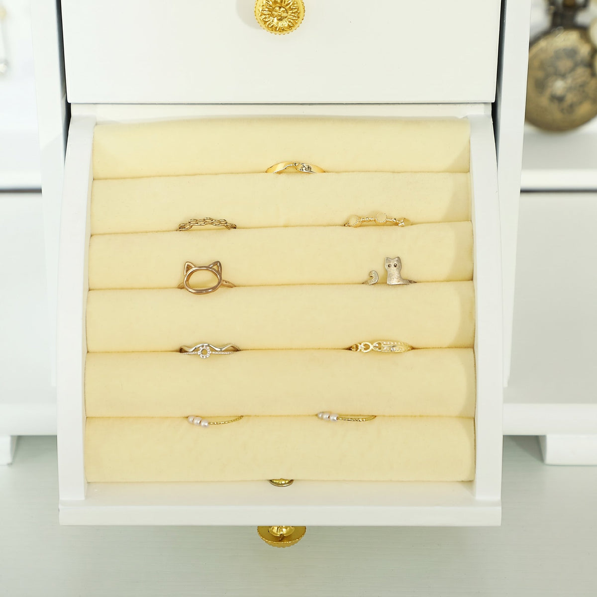 Boîte à Bijoux Femme à 4 Niveaux, Coffre à Bijoux en Bois avec Ailes, Miroir et 2 Tiroirs, 26,5x16 x33,5 cm, Blanc-8