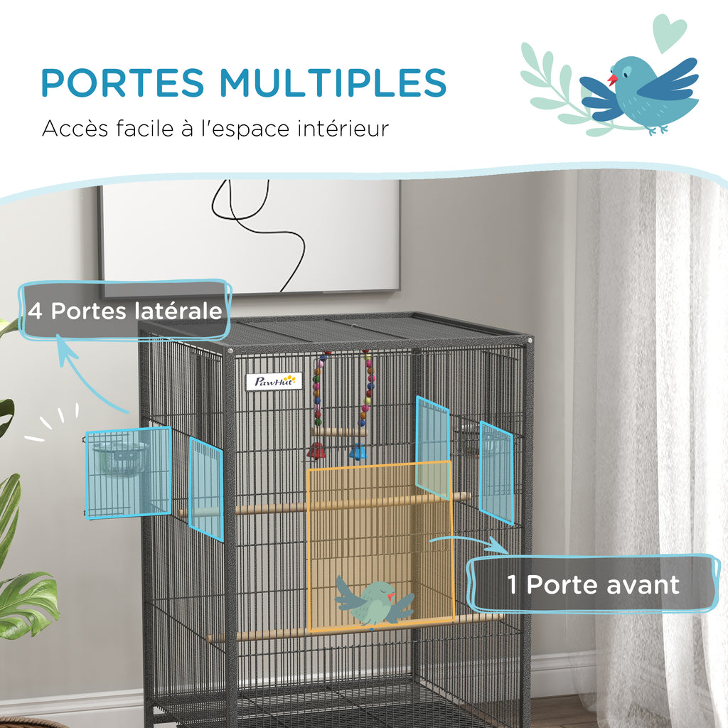 Cage oiseau sur pied cage sur roulettes avec balançoire, perchoirs et plateau coulissant 48 x 46 x 78 cm en acier noir-3