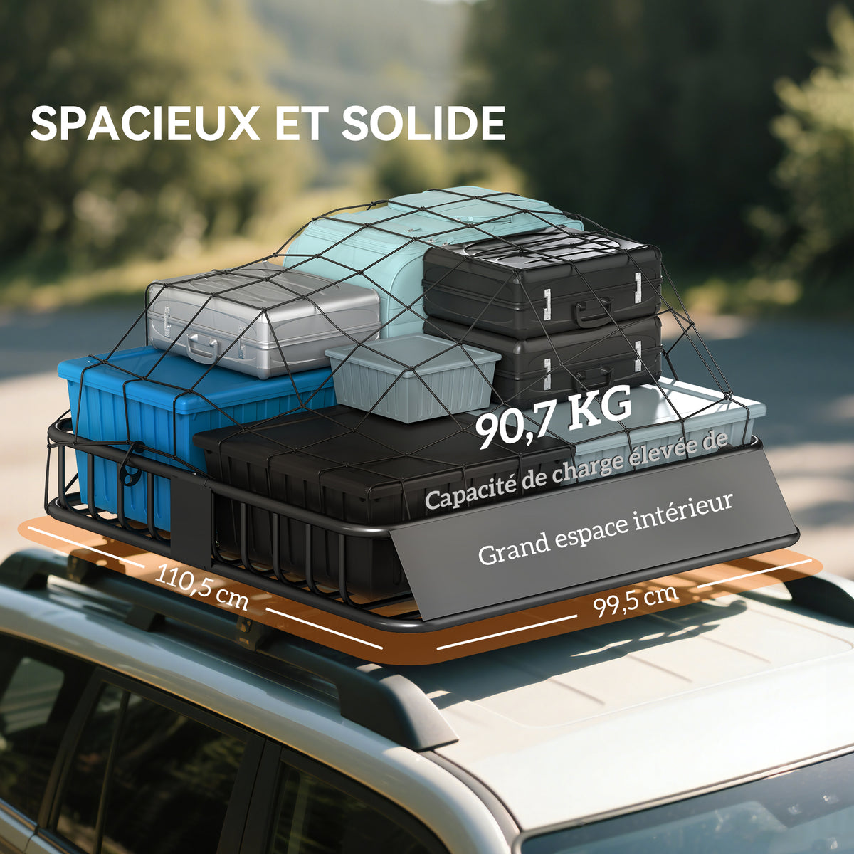Porte-bagage pour voiture universel, galerie de toit pour voiture en acier charge 90,7 kg 110,5 x 99,5 x 18,5 cm, noir-3